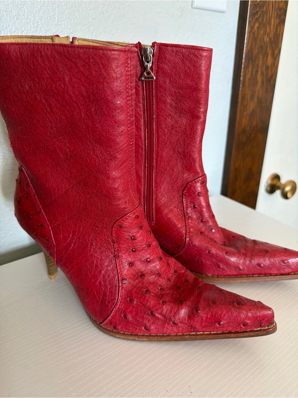 El Canelo Red Ostrich Leather High Heel Ankle Boots Pointed Toe Western